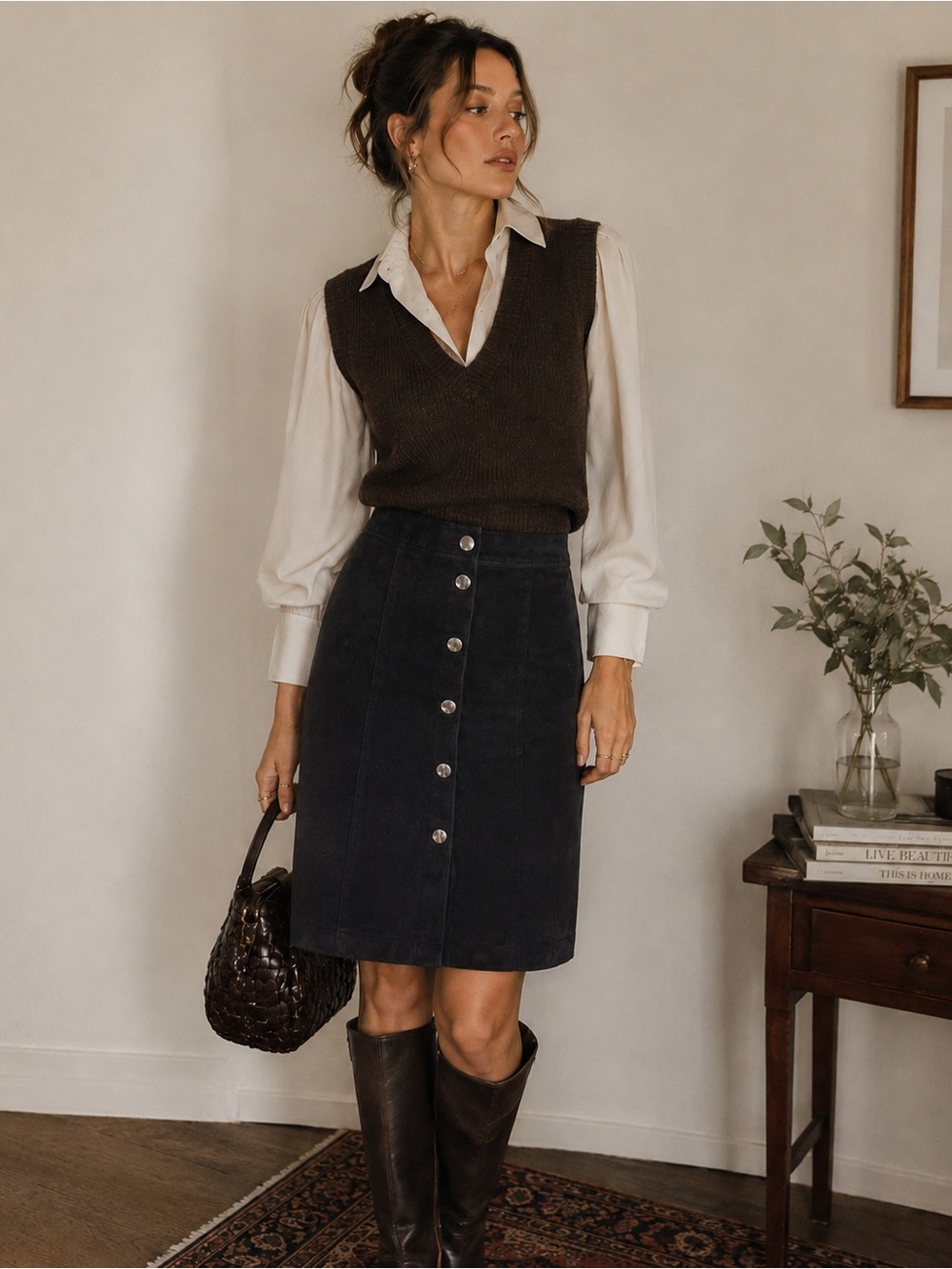 Abercrombie & Fitch Black Button-Front Suede Pencil Skirt